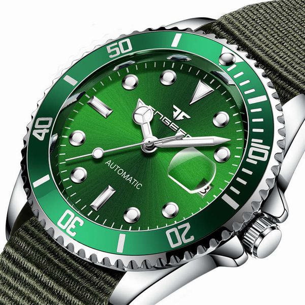 

fngeen sports mens watch automatic mechanical clock men nylon green black stainless steel wristwatch calendar date male watches, Slivery;brown