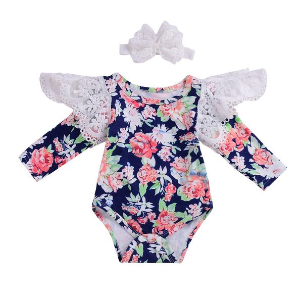 

baby set cotton clothing long sleeve jumpsuit headband outfit infant toddler baby girl flower lace bodysuit 0-24m, Blue