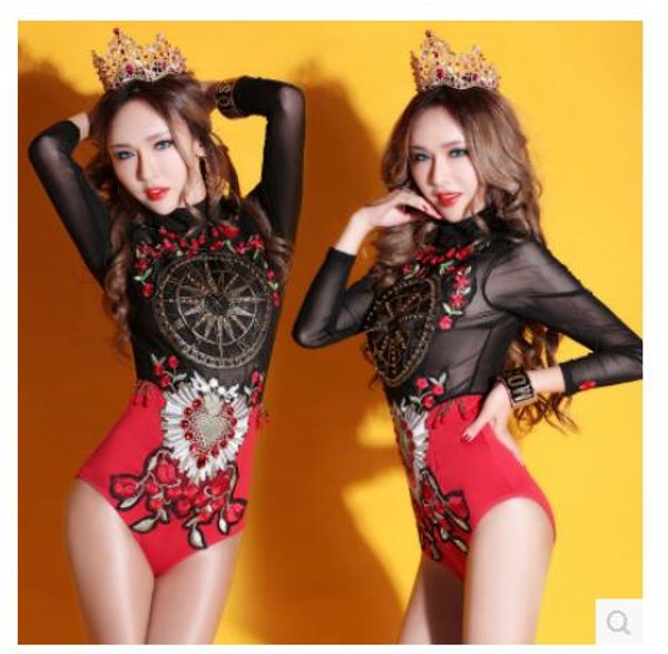 

ds new nightclub bar embroidery apparel retro baroque court-style female song dj long-sleeved collar dance performance costumes, Black;red