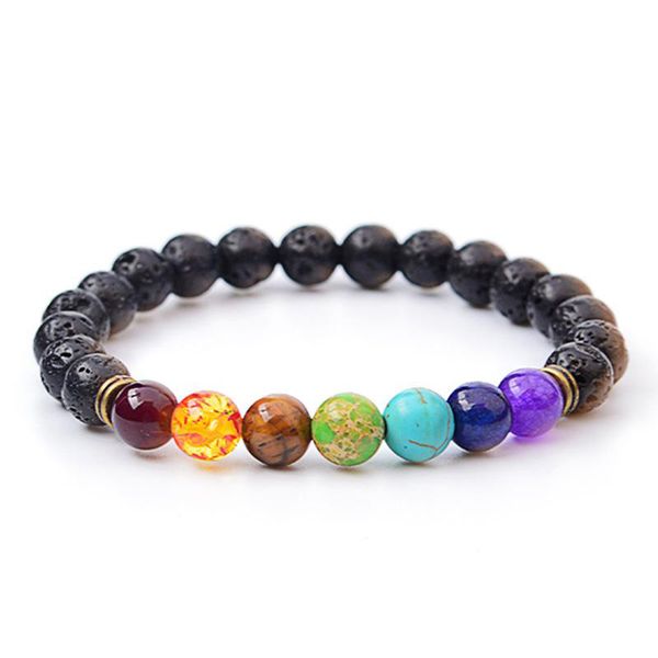 

new black lava natural stone bracelets 7 reiki chakra healing balance beads bracelet for men women stretch yoga jewelry