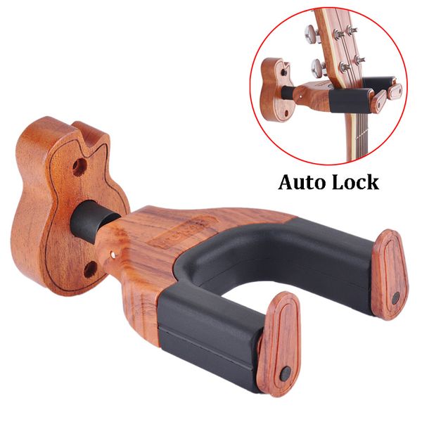 

wall mount auto lock guitar hanger mahogany wood guitars hook holder for acoustic electric classical bass