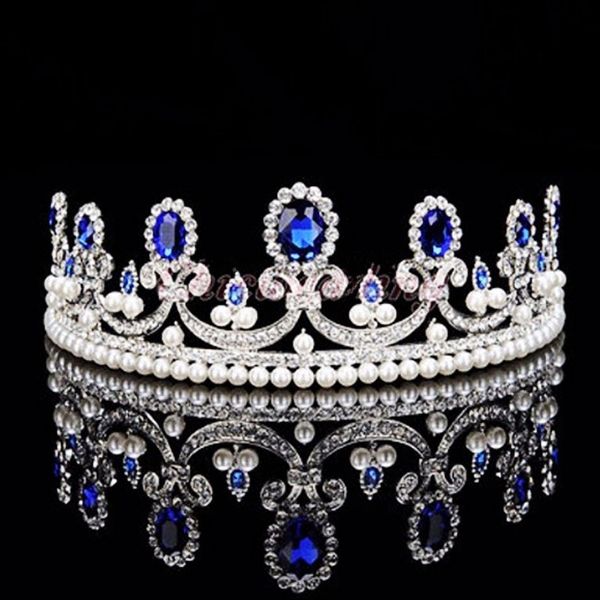 

european baroque vintage blue bridal crystal crowns headband pearl wedding tiaras for brides women hair jewelry accessories, Slivery;golden