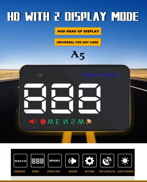 

mini size 3.5" car hud head up display projector driving data speedometer gps navigation image reflector auto light sensor over speed a