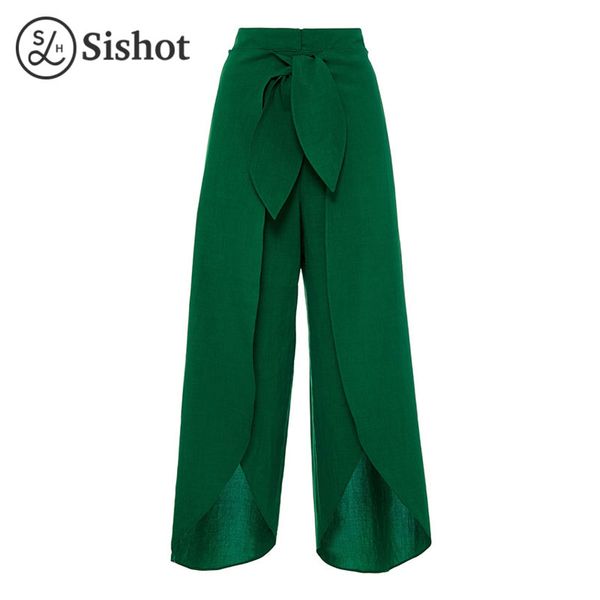 

siswomen casual trousers 2017 autumn yellow plain fashion elastic waist office loose green solid full length wide leg pants, Black;white