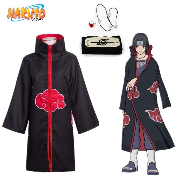 Asian Size Japan Anime Naruto Akatsuki Itachi Uchiha Hokage Cosplay Costume Black Cape Overcoat Cloak Full Set Halloween Themed Outfits Groups Of Four