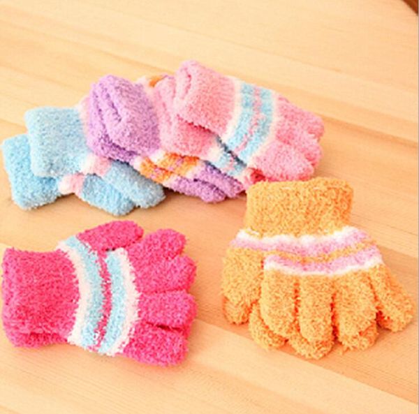 

coral fleece warm gloves children winter warm finger gloves baby five fingers warm gloves mittens colorful stripe mittens for 2-5 years kids, White
