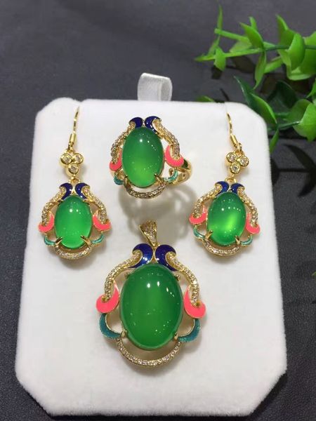 

natural agate chalcedony three-piece set 925 silver mosaic cloisonne enamel flower fresh and elegant temperament set suit female, Black