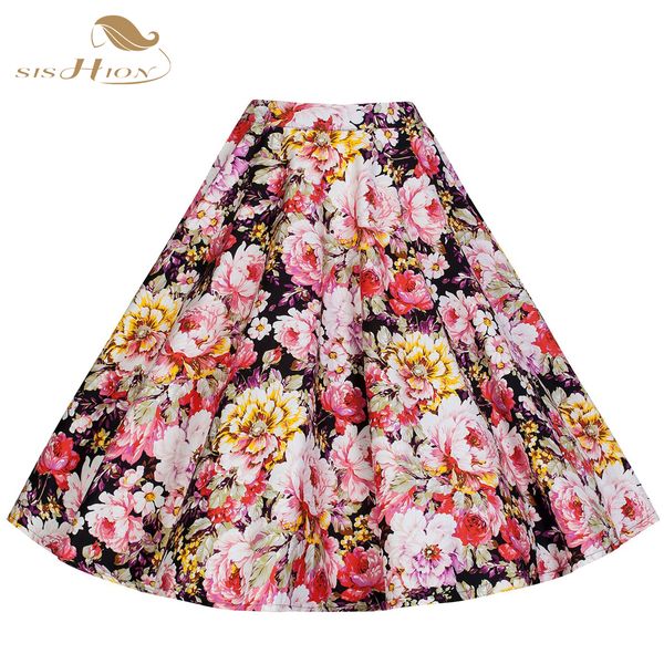 

sishion retro style 50s vintage skirt high waist pin up floral print rockabilly swing women summer skirt plus size 177s2, Black