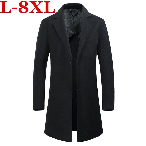 

plus size 8xl autumn winter male woolen coats middle long business jackets mens solid color thicken warm wool&blends overcoat, Black