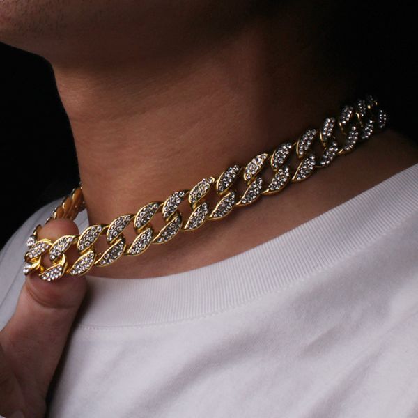 Iced Out Chains Bling Rhinestone Golden Finish Miami Cuban Link Chain Necklace Men's Hip hop Necklaces Jewelry gift