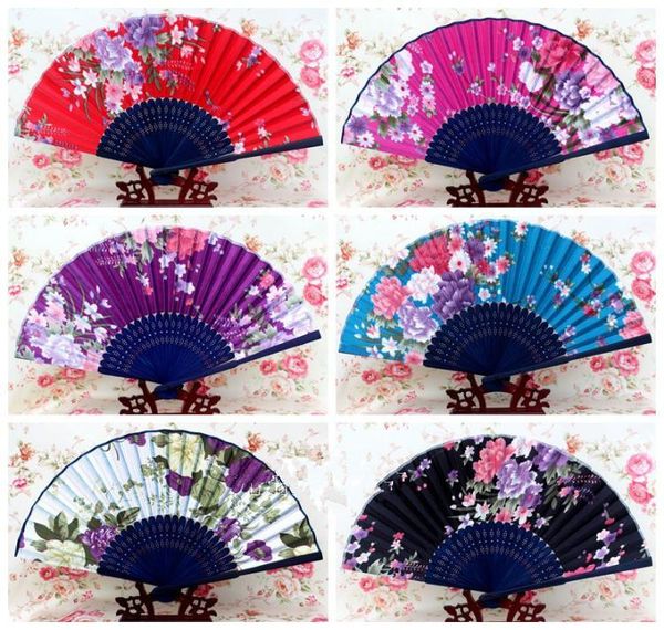 

portable japanese fabric hand fan 50pcs bamboo floral craft silk folding fans for weddings party women favor fan wholesale