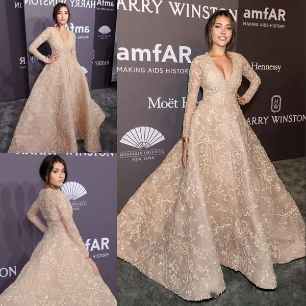 

champagne red carpet evening dresses deep v neck long sleeve sequined prom gowns appliqued a line plus size formal dress, Black