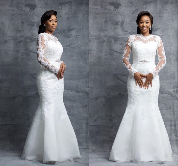

mermaid long sheer sleeve wedding dresses crew floor length organza appliques lace nigerian bridal wedding gowns with beaded belt, White