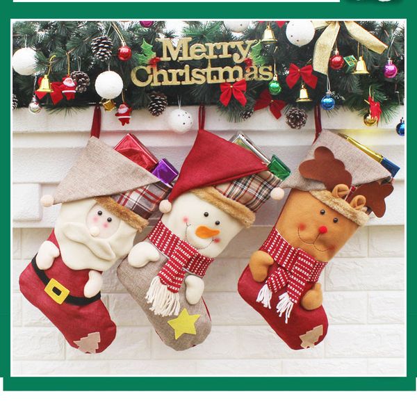 Il più nuovo sacchetto all'ingrosso del regalo di Natale del cotone della tela da imballaggio della miscela della calza di Natale che calza i calzini della decorazione dell'albero di Natale di 3 stili Trasporto libero