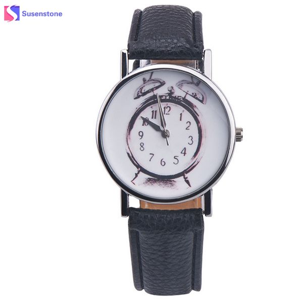 

women alarm clock pattern analog quartz watch leather band vogue ladies female wrist watches watch relogio reloj, Slivery;brown