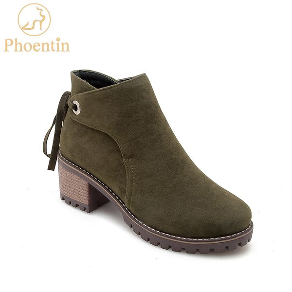 

amry green winter boots women 2018 square heel platform boots back lace up cross-tied block heel shoes solid grey phoentin ph071, Black