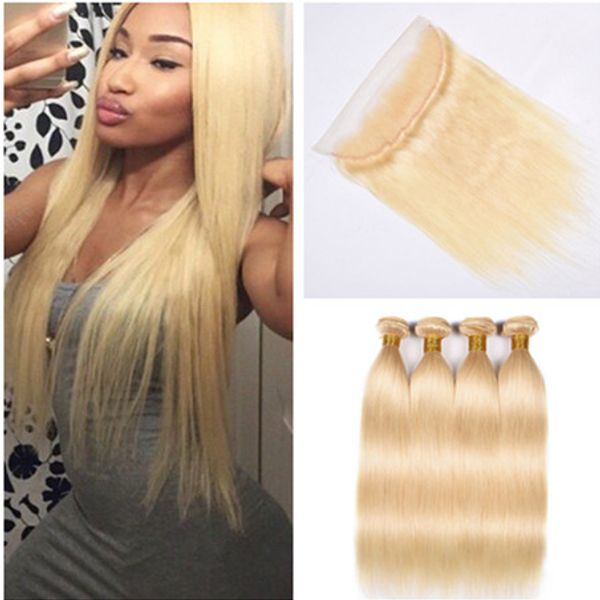 

russian blonde virgin human hair straight weaves with full frontals straight 613 bleach blonde 13x4 lace frontal closure with 4bundles, Black;brown