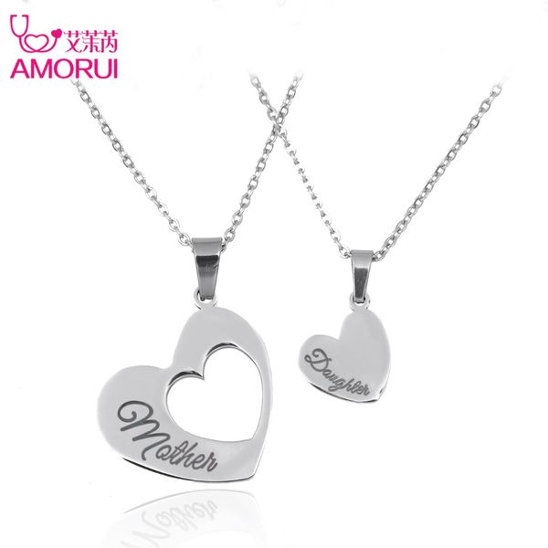 

whole saleamorui fashion women double heart silver necklaces stainless steel mother daughter couple jewelry pendants chain necklace women