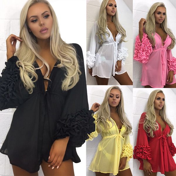 

2018 new fashion european and american ladies ear edge splicing pure bikini swimsuit chiffon blouse woman, White