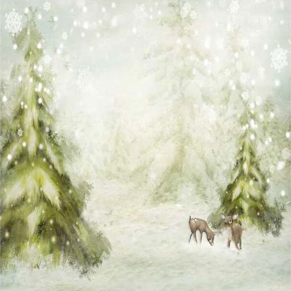 Fiocchi di neve che cadono Sfondo invernale Cervi stampati Pittura a olio Alberi di pino verde Puntelli per la doccia per neonati Sfondi per foto per bambini
