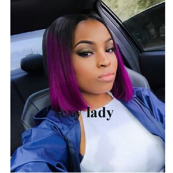 Ombre Black To Purple Hand Tied Short Bob Wig For Black Women Soft