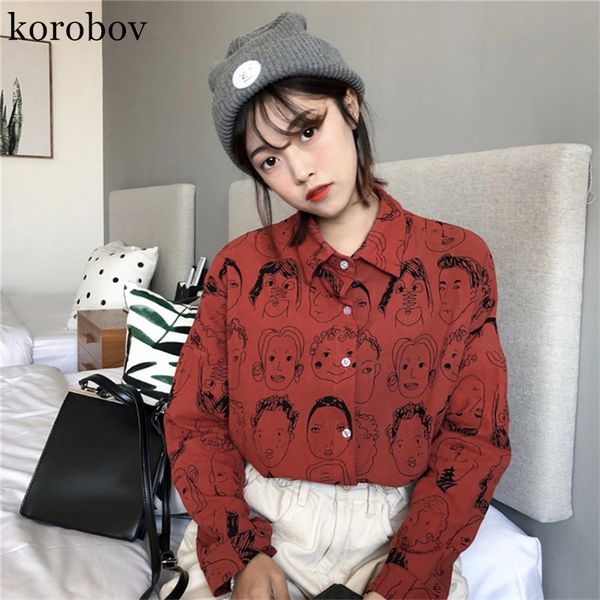 

korobov fashion face cartoon blouse ladies white shirt spring new long sleeve women blouses womens blusas feminin 156