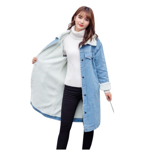 2018 frauen Grundlegende Mantel Winter Denim Jacke Frauen Warme Wolle futter Für Jeans Jacke Weibliche Lange Denim Mantel chaqueta mujer