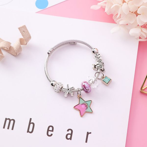

2018 japanese korean girl adjustable stainless steel bangles for women fashion pentagram star crystal beads retro accessories, Black