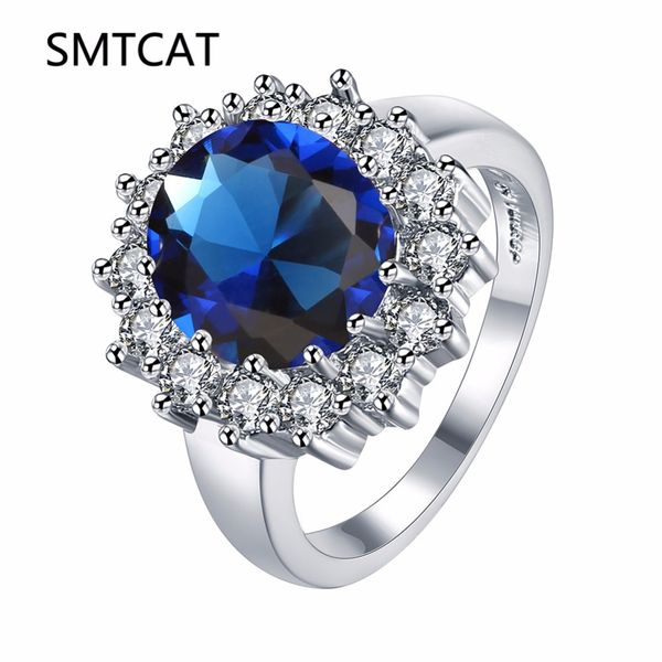 

smtcat fashion jewelry silver color ring 5a blue zircon cz diana engagement wedding band rings for women bridal bijoux, Golden;silver