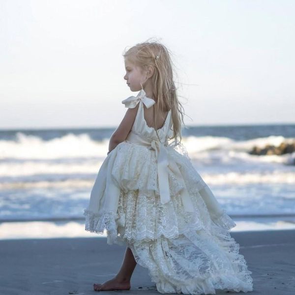 

high low flower girl dresses ivory for wedding layers lace pearls ribbon beach spring pageant kids first communion dress, White;blue