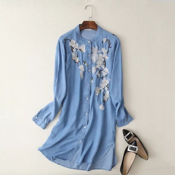 

women casual tencel denim dresses feminino lady dress jeans blue dress embroidered soft shirt long sleeve spring vestido, White;black