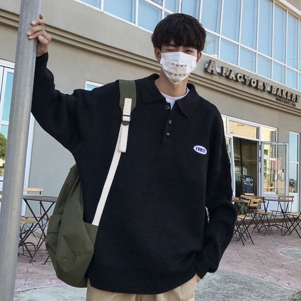 

autumn and winter new men's sweater warm fashion embroidery solid color long-sleeved knit pullover man casual loose male clothes, White;black