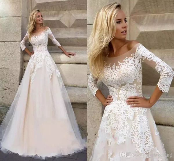 

elegant ivory off shoulder sheer long sleeve wedding dresses a line tulle champagne lining lace wedding bridal gowns custom made, White