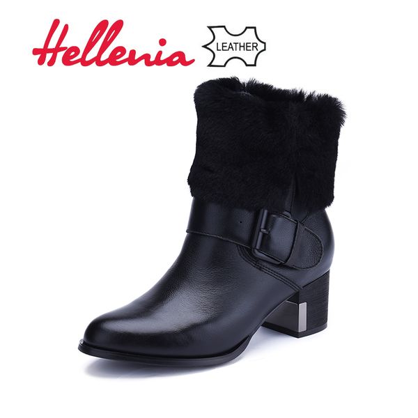

hellenia leather kid suede ankle boots women fashion heels warm spring winter shoes wool fur classic shoe round toe boot, Black