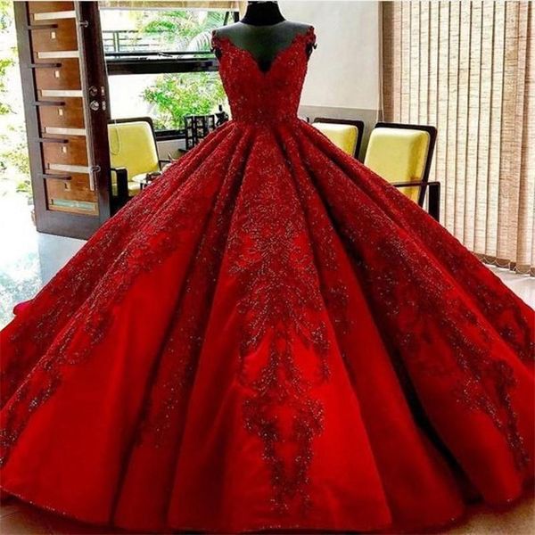 Kırmızı Halı Gelinlik Sheer Boyun Çizgisi Jewel 3D Aplikler Balo Gelin Elbise Saten Lace Up Geri Akşam Elbise Zarif Kadın Vestidos