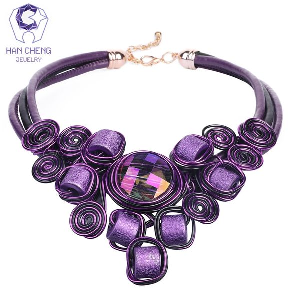 

hancheng new fashion short handmade bead rope leather necklaces discolor crystal women necklaces statement jewelry collar bijoux, Golden;silver