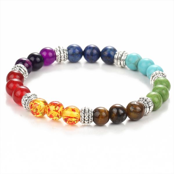 

colored 7 chakra bracelet black lava healing balance beads natural stone yoga bracelet elastic strand bangle