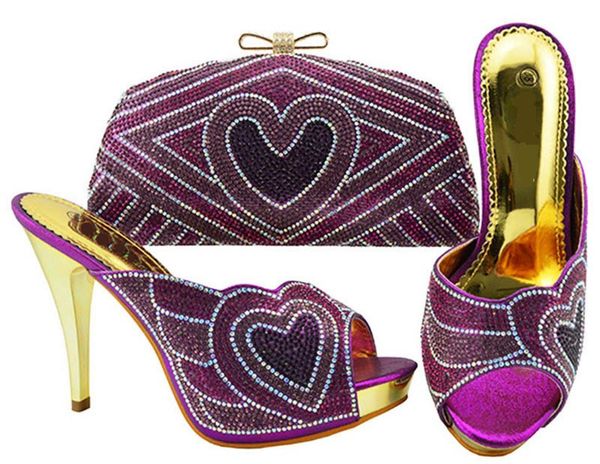 

most fashion purple women pumps with heart pattern rhinestone bag for dress african shoes match handbag set jzc005, Black