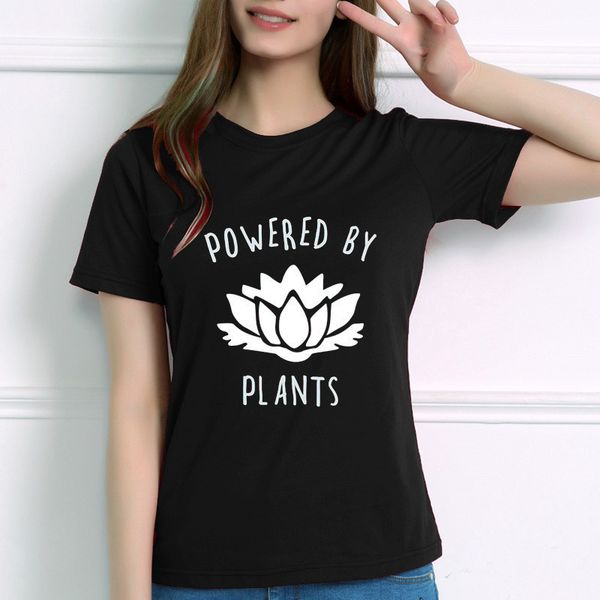 

size s-2xl t shirt for women summer powered by plants print short sleeve t shirt cotton loose o neck tees ing, White