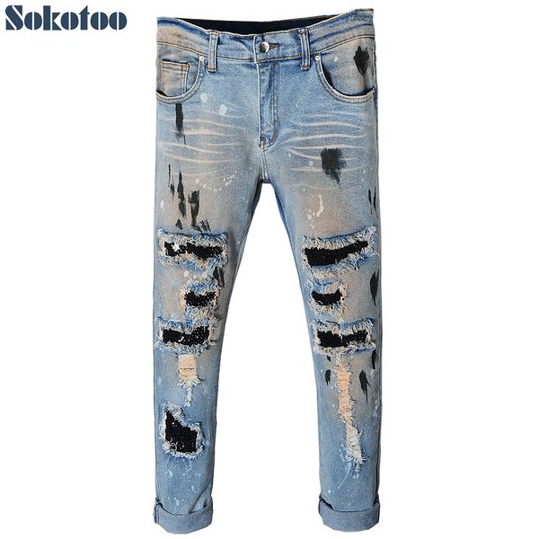 

wholesale-sokotoo men's vintage holes rivet patch ripped jeans casual trendy painted distressed denim beggar pants, Blue