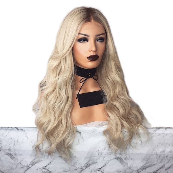 Synthetische Perücken Ombre Hellblonde Lace-Front-Perücke mit braunem Ansatz Lange gewellte zweifarbige Gluel-Synthetik-Spitzenperücken für schwarze Frauen