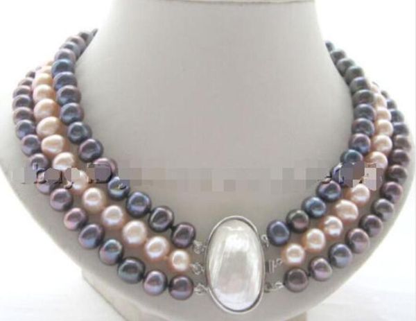 

9mm beautiful 3row natural black pink round freshwater pearl necklace, Silver