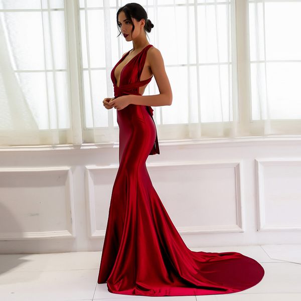 Simples Borgonha Cruz de Volta Sereia Vestido de Baile Amarrado Fita Caixilhos Formais Sexy Maxi Vestidos Vestidos de Noiva Red Carpet Gown