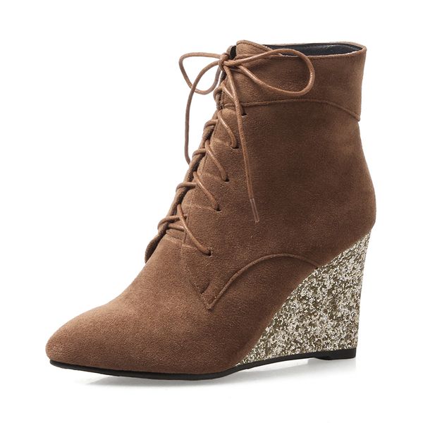 

women ankle boots high heels wedge shoes winter boots lace up zip velvet shoes bling short boots heels large size 33-42, Black