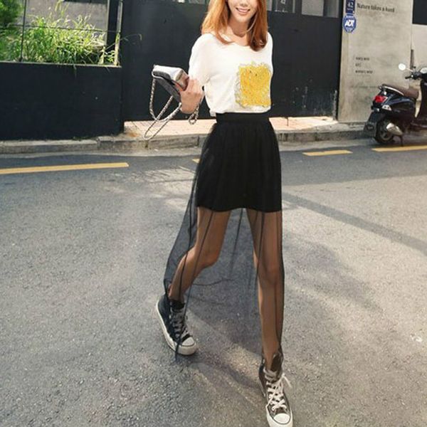

fashion summer women skirt transparent long skirt ladies solid netting mesh skirts stylish jupe skirts, Black