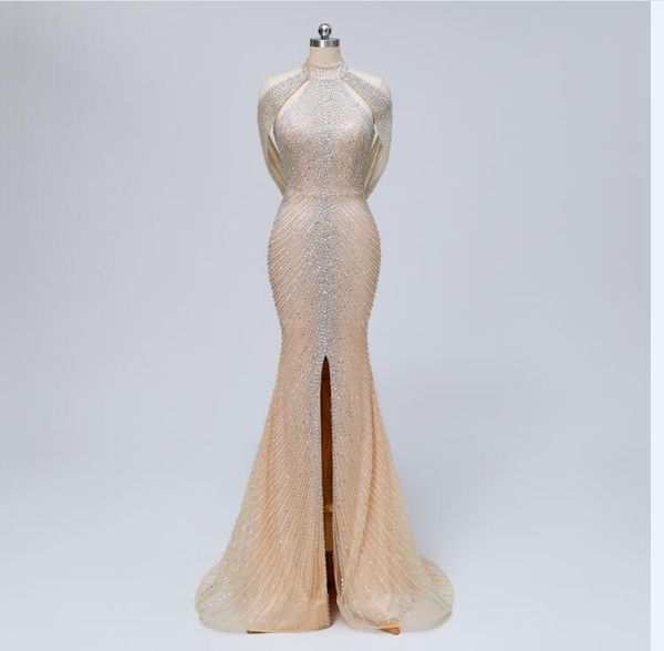 

2019 fashion halter mermaid evening dresses luxury crystal beaded sleeveless sweep train prom party dress split formal evening gowns wj5155, Black