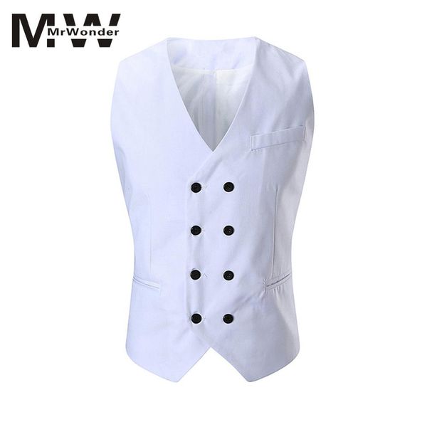 

mrwonder men solid vests 2018 summer new fashion design v-neck vest eledouble-breasted slim big size white vest san0, Black;white