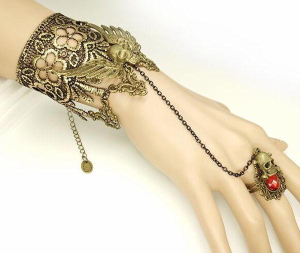 Hot estilo Vintage mão decorada caveira asa pulseira da senhora do laço de ouro com personalidade banda anel de moda Halloween clássico requintado elega