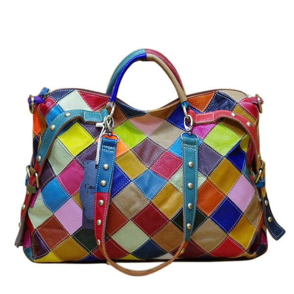 

New Women Bags Casual Colorful Blocks Patchwork Women Tote Bags Genuine Leather Ladies Handbags