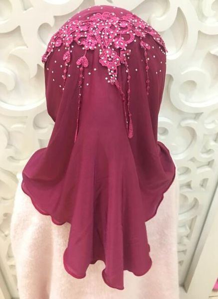 

h1255a new style small girl hijab with lace on back,mixed colors,ing, Red;brown